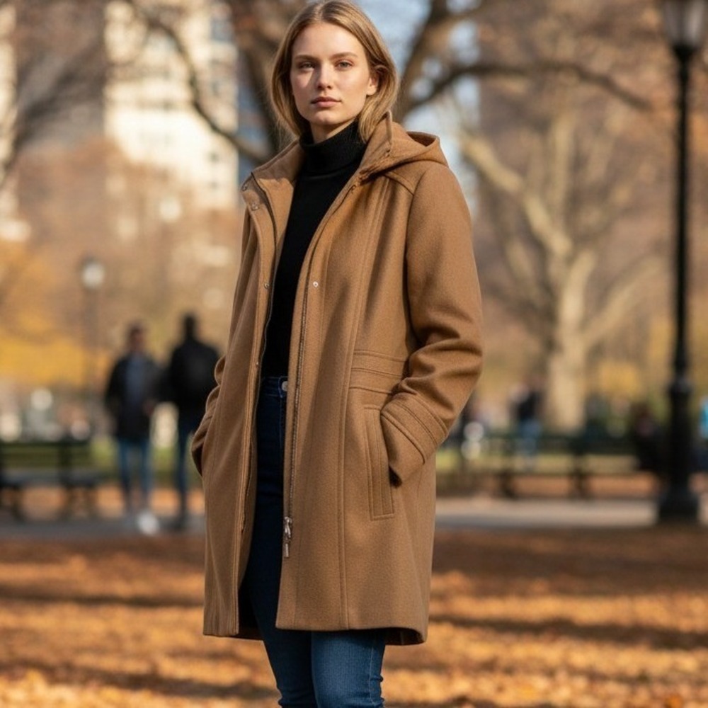 London Fog Womens Camel Wool Blend Hooded Zip Front Coat Tan Size Large